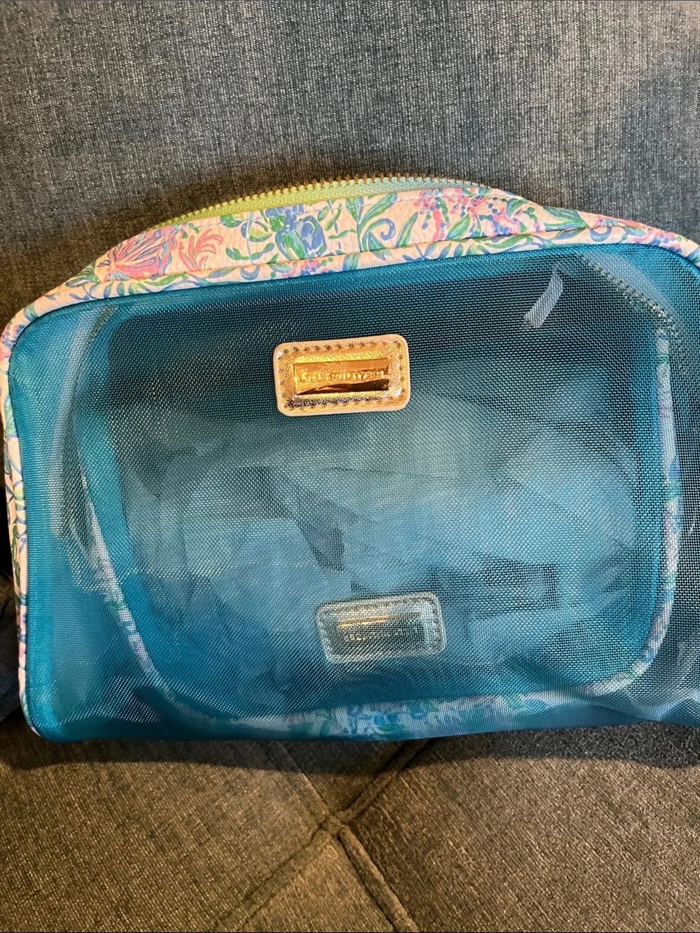 Lilly Pulitzer Turquoise Mesh Cosmetic Pouch with Floral Trim Set of 2 - NWT